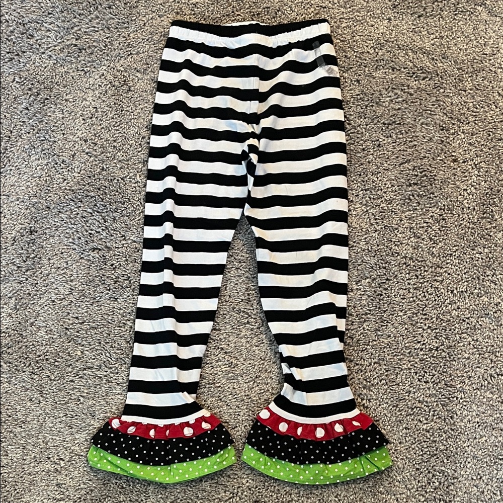 Rare Editions Black and White Striped Leggings with Red and Green Ruffles